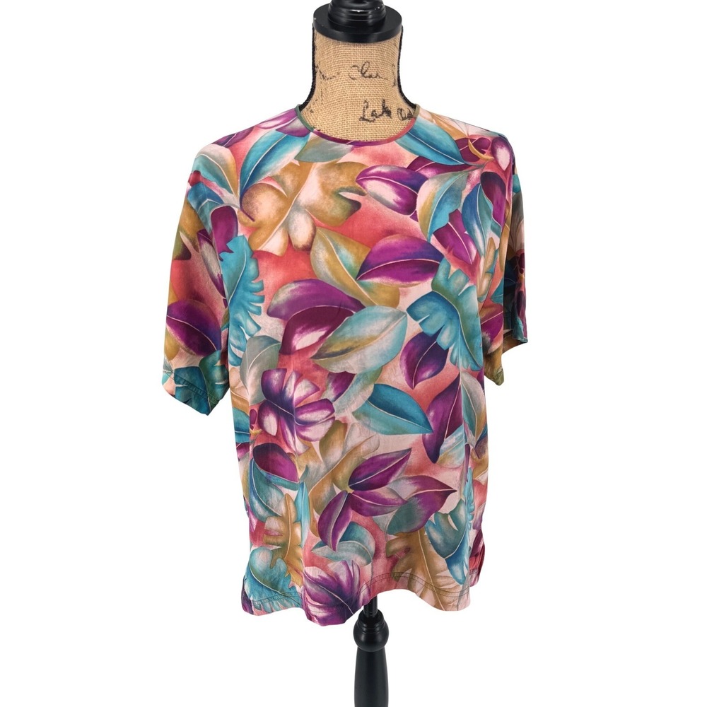 Liz Claiborne Short‎ Sleeve Blouse Womens 12 Multicolor Silk Tropical Leaf Vtg